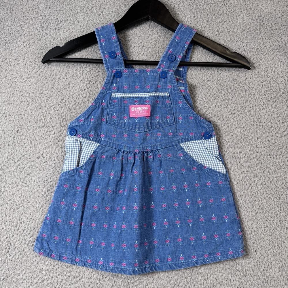 Vintage OshKosh B'Gosh Denim Dress Blue Stemmed Rose Size 3T Floral Bow USA Made